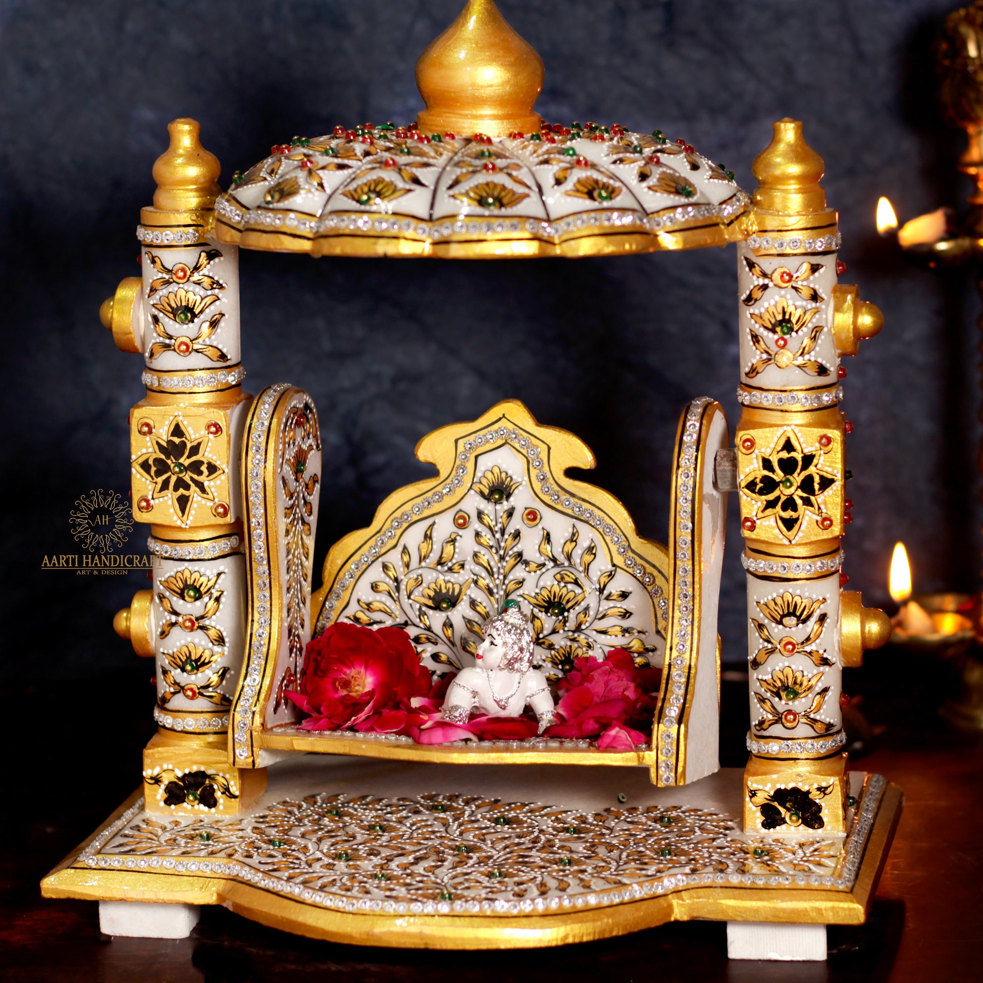 Marble Laddu Gopal Ji Jhula With Multicolor Light and Stone Work | Unique Karigari
