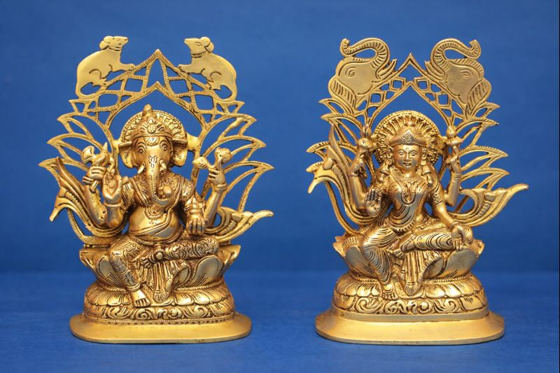 Brass Ganesha and Lakshmi Idol Set 9" Inch