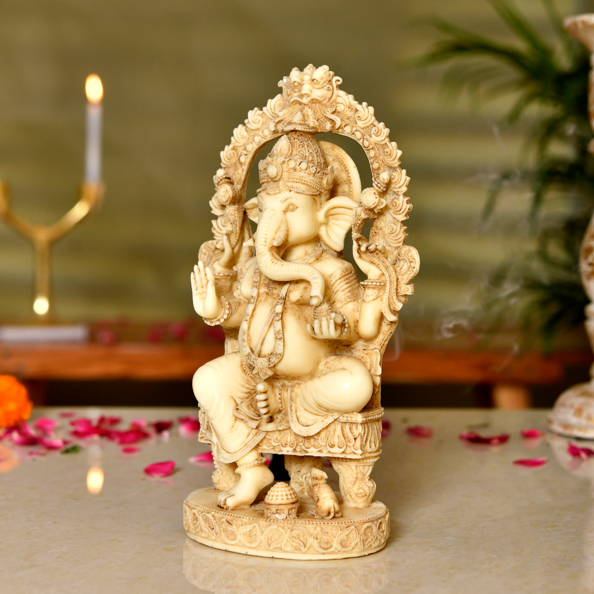 Shree Ganesha | Intricately Carved Marble Sculpture – Antique Ivory Finish