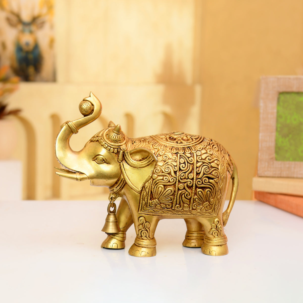 Handcrafted Brass Elephant Statue with Upturned Trunk & Bell Detailing - 10 Inches