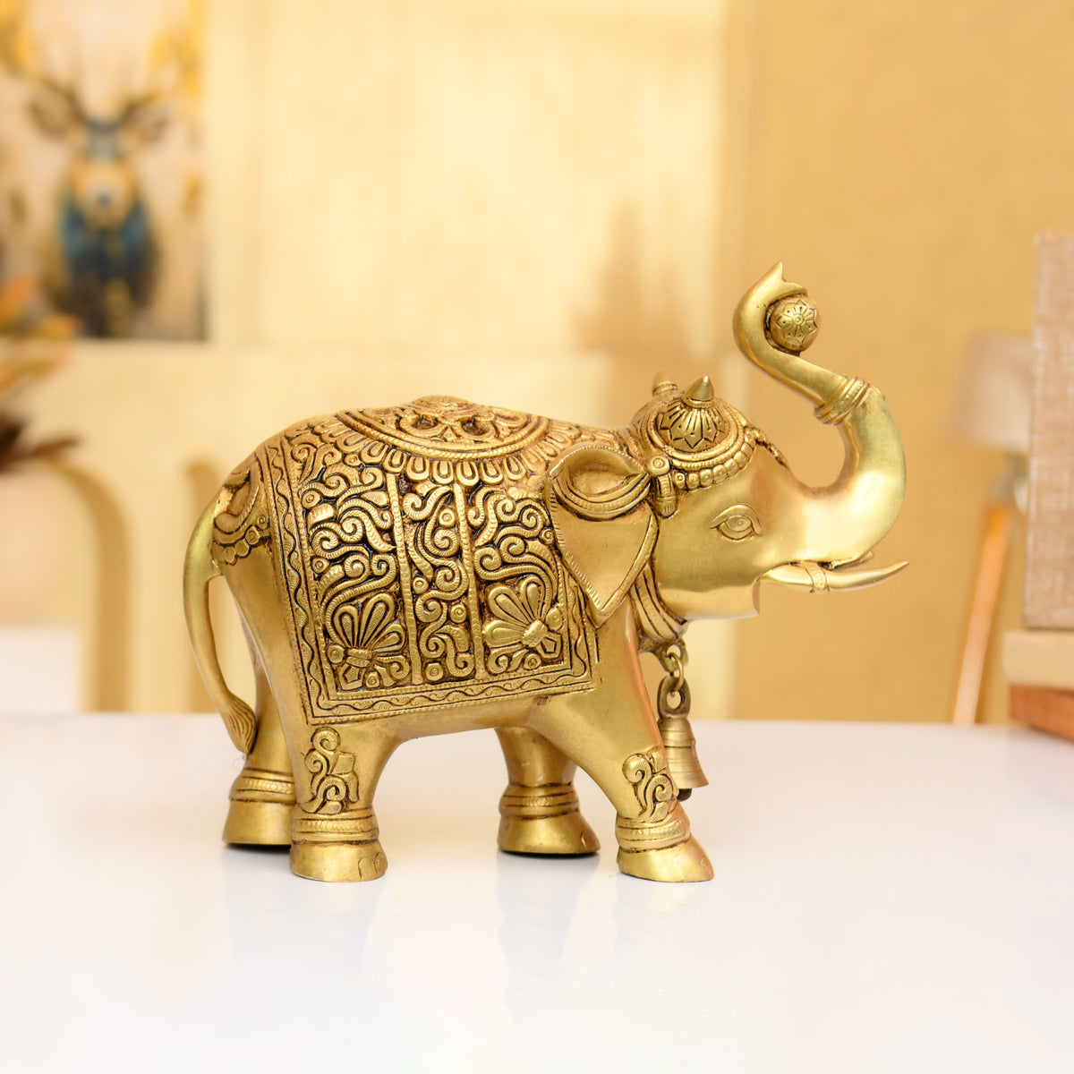 Handcrafted Brass Elephant Statue with Upturned Trunk & Bell Detailing - 10 Inches