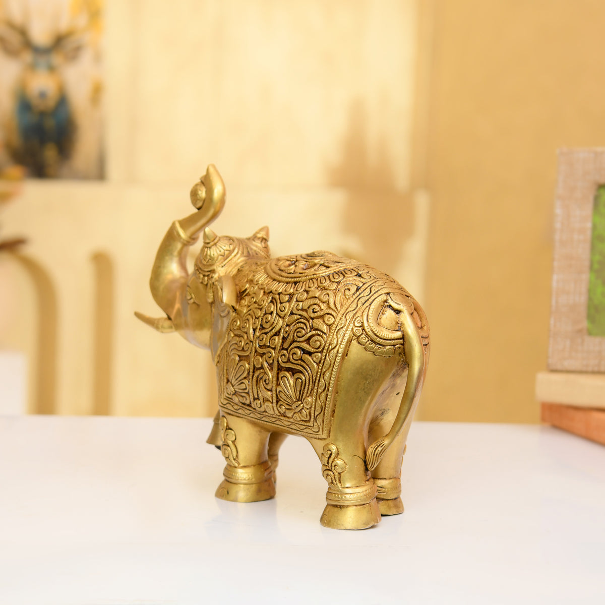 Handcrafted Brass Elephant Statue with Upturned Trunk & Bell Detailing - 10 Inches