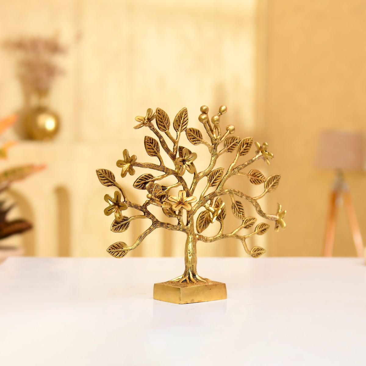 Brass Blossom Tree – Handcrafted Floral Sculpture with Butterflies & Detailed Leaves - 10 Inches