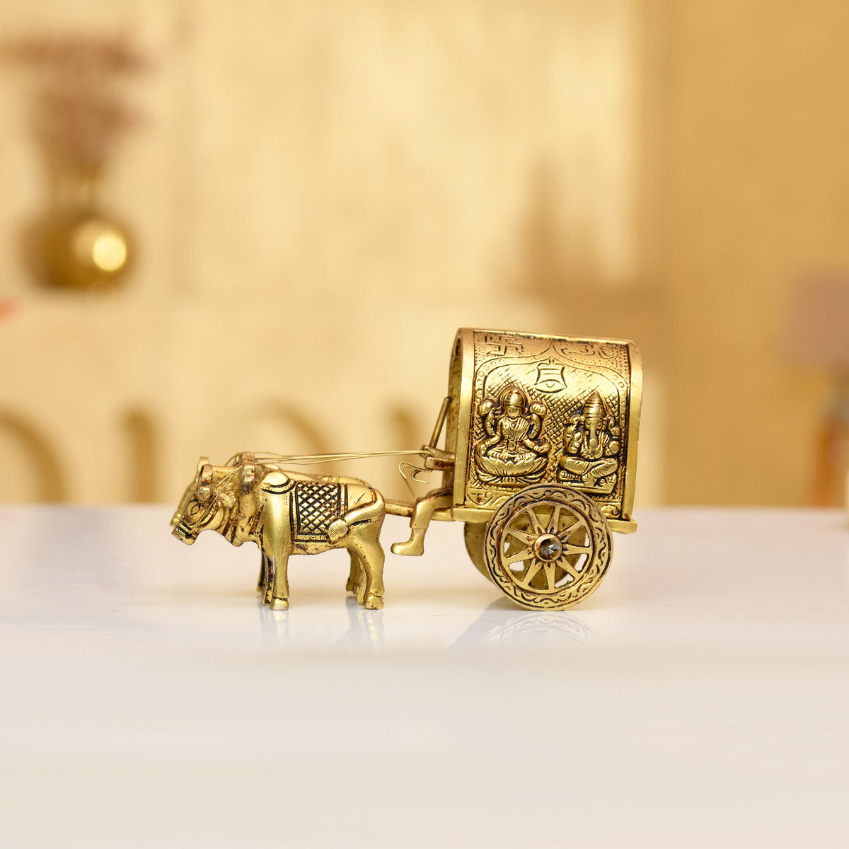 Handcrafted Brass Cow Cart with Carved Lakshmi & Ganesha (Brass Chariot)
