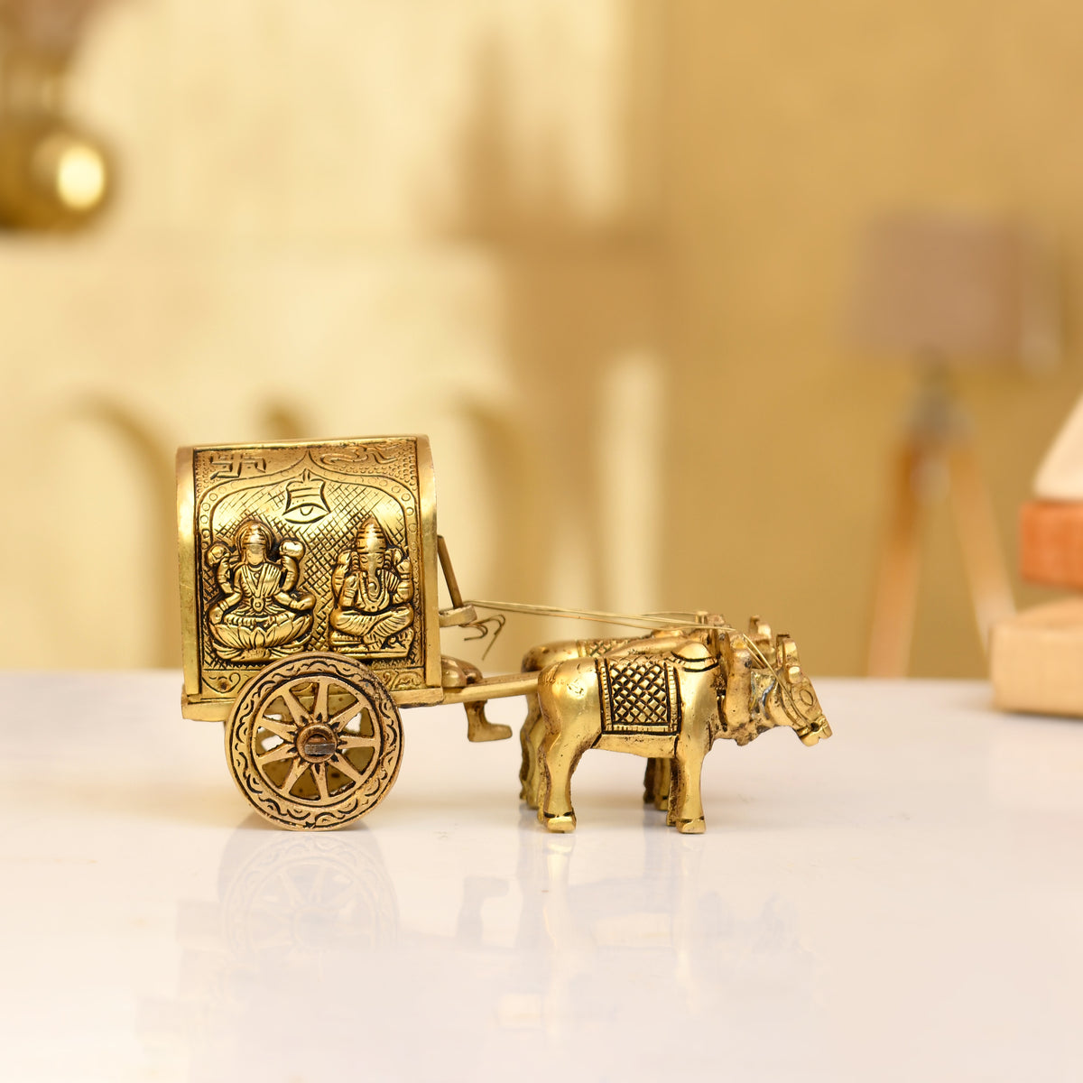 Handcrafted Brass Cow Cart with Carved Lakshmi & Ganesha (Brass Chariot)