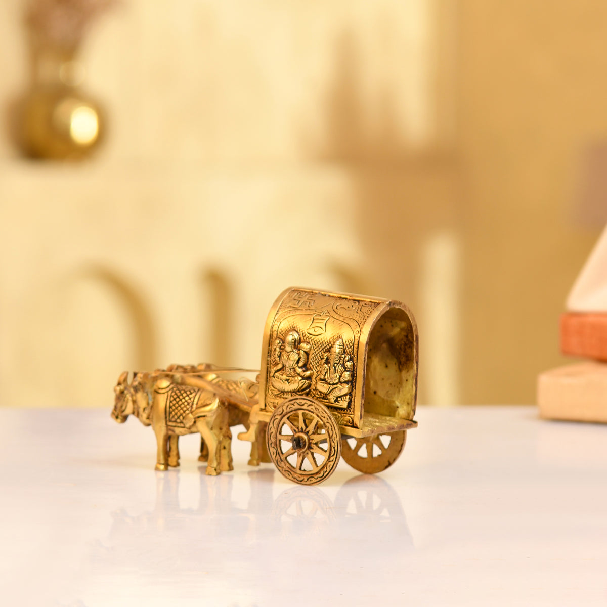 Handcrafted Brass Cow Cart with Carved Lakshmi & Ganesha (Brass Chariot)