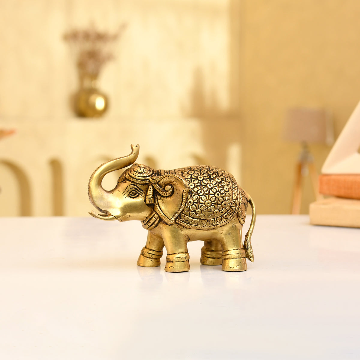 Handcrafted Brass Elephant – Intricate Floral Engraving