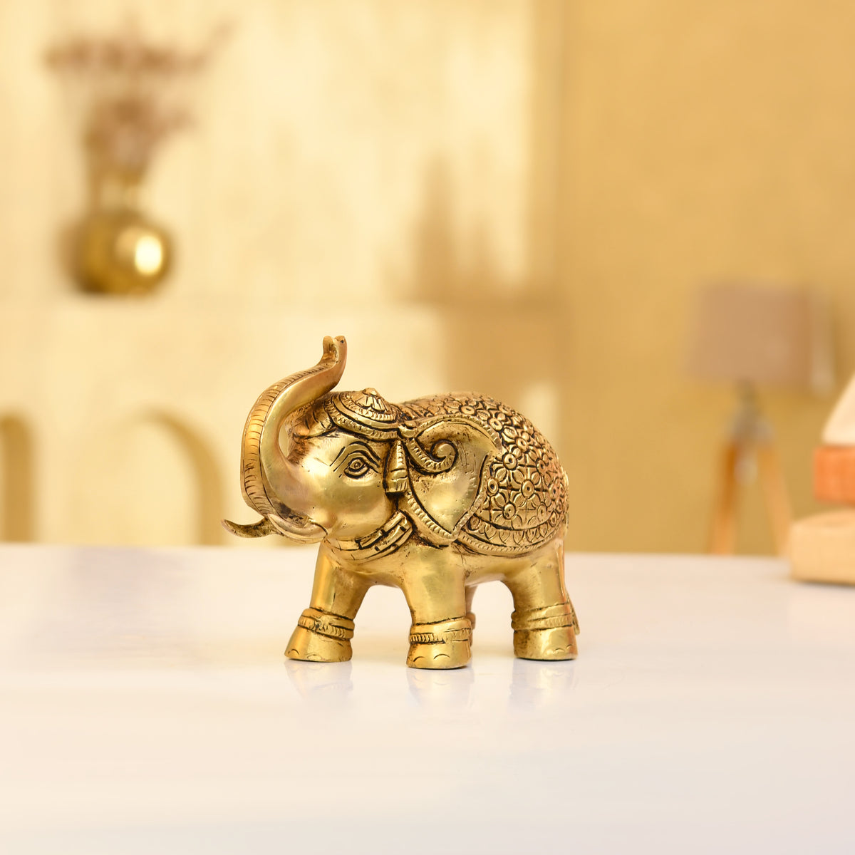 Handcrafted Brass Elephant – Intricate Floral Engraving