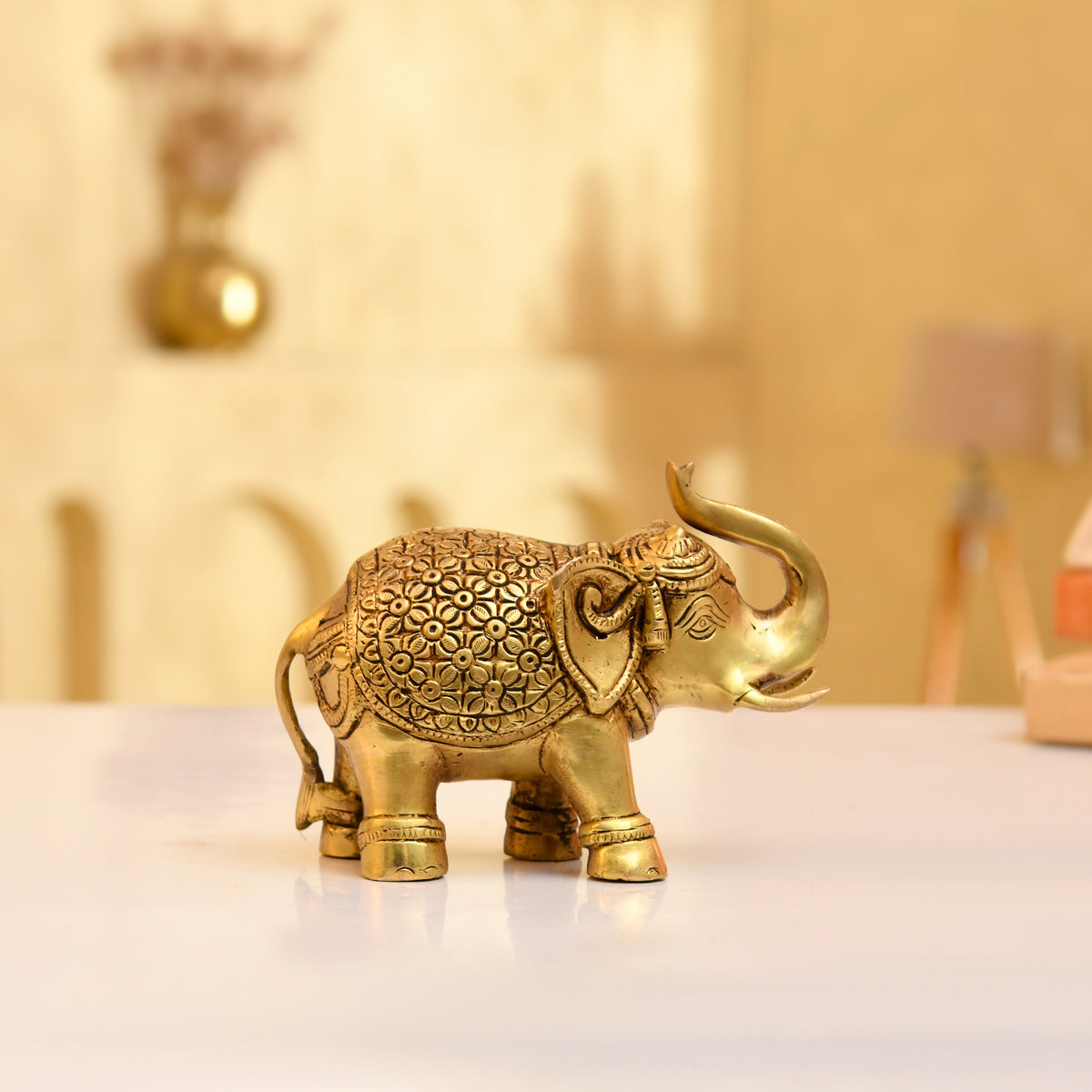 Handcrafted Brass Elephant – Intricate Floral Engraving