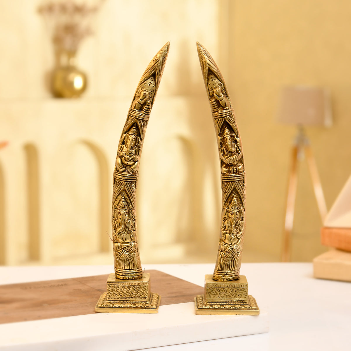 Brass Elephant Tusk with Rat & Ganesha Pair – Intricately Handcrafted - 12 Inches