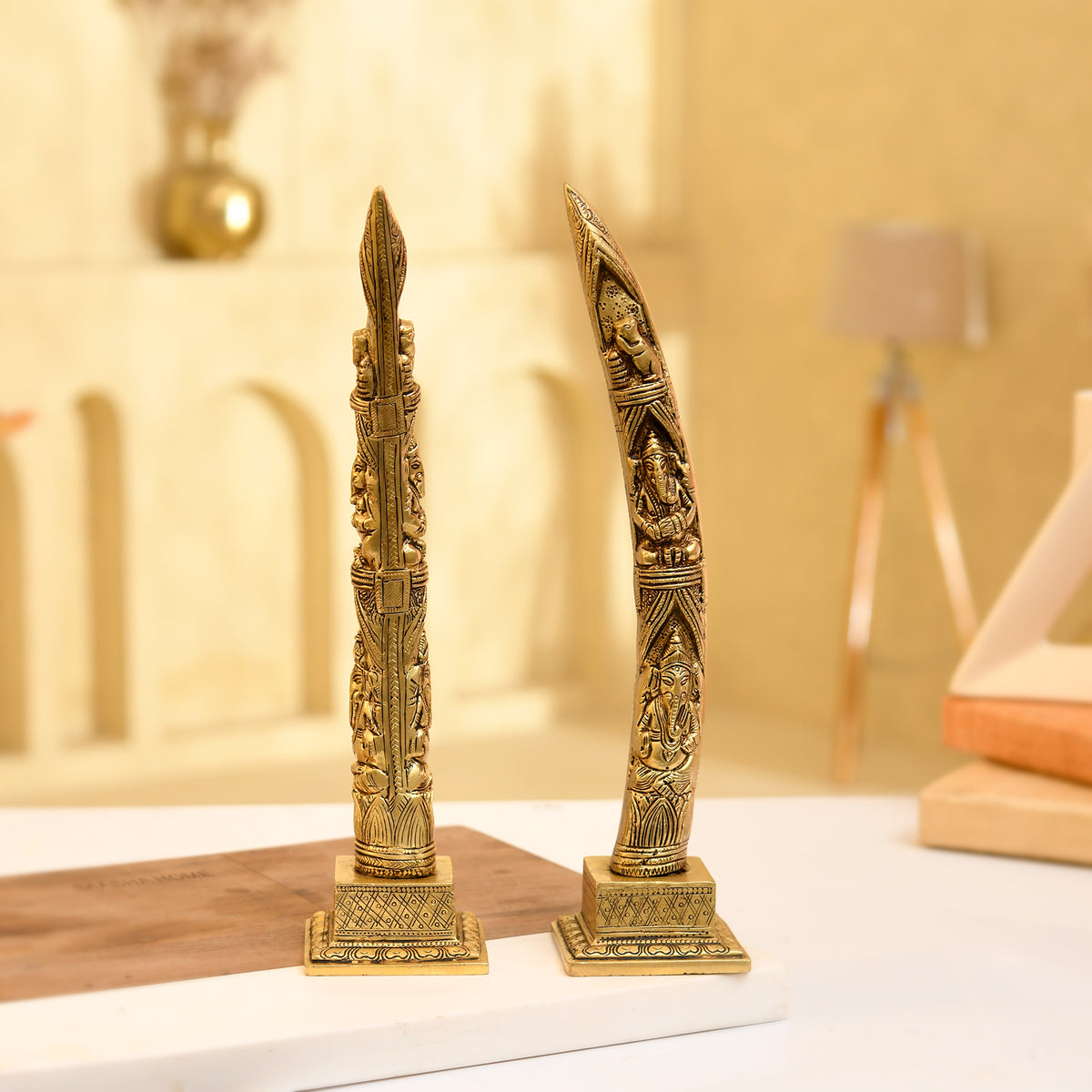 Brass Elephant Tusk with Rat & Ganesha Pair – Intricately Handcrafted - 12 Inches