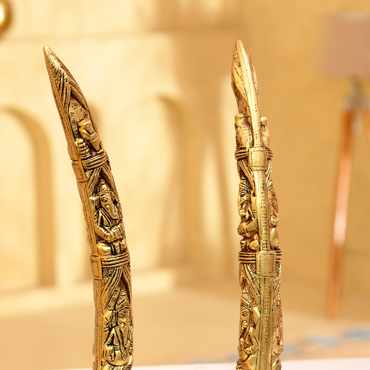 Brass Elephant Tusk with Rat & Ganesha Pair – Intricately Handcrafted - 12 Inches