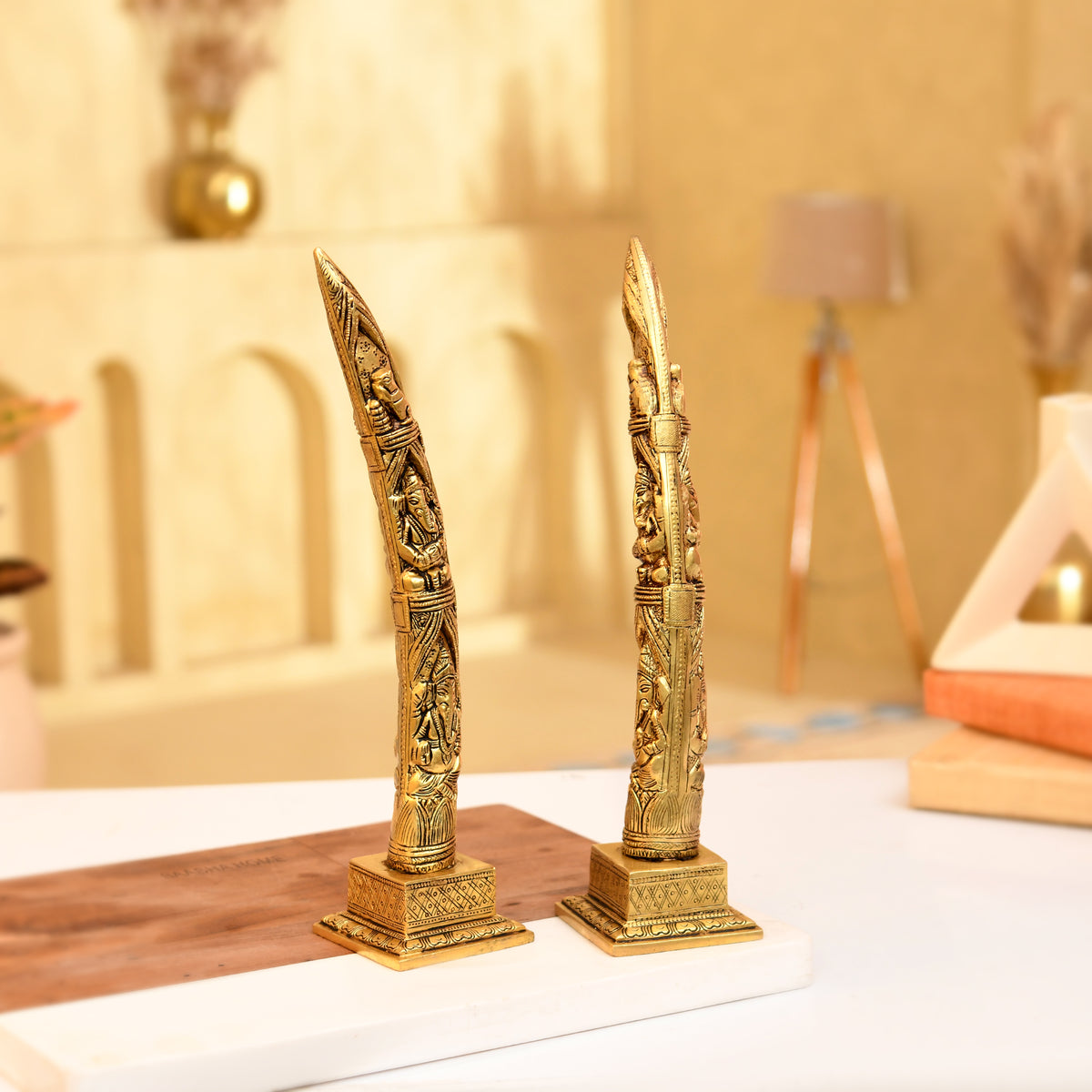 Brass Elephant Tusk with Rat & Ganesha Pair – Intricately Handcrafted - 12 Inches