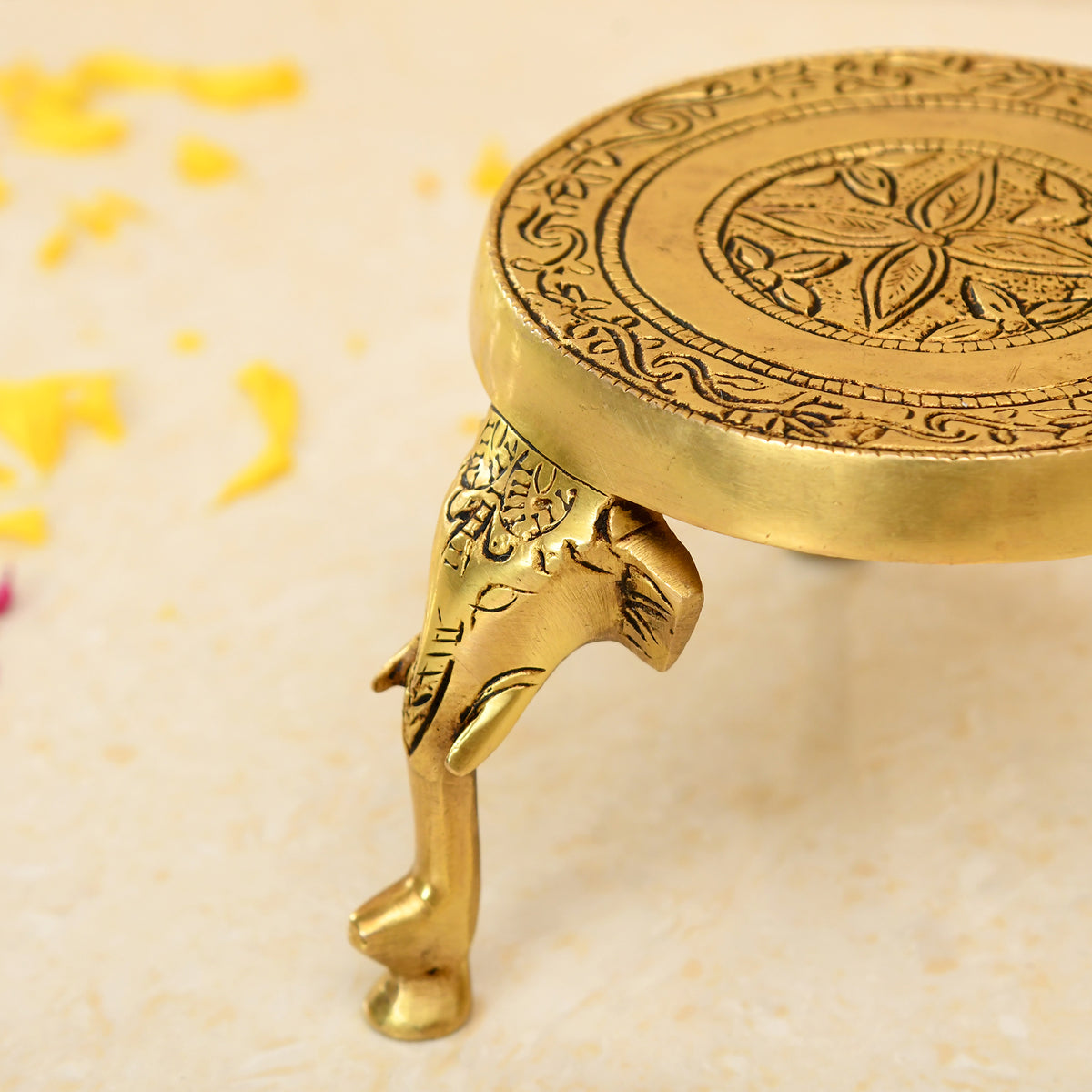 Elephant Leg Detailed Chowki In Pure Brass Antique Look | 3.5 Inches