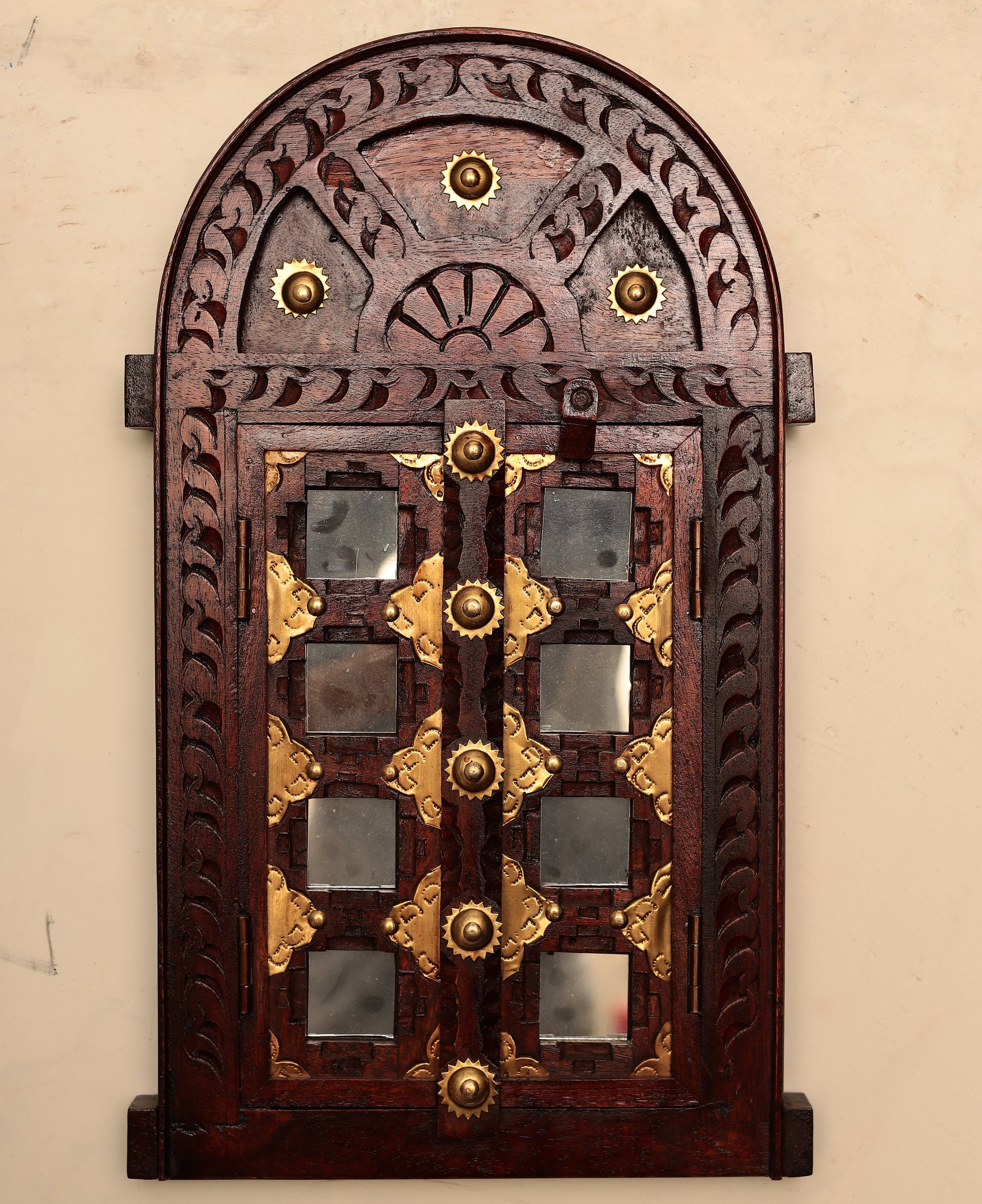 Wall Hanging Hand Carved Wooden Vintage Winndow/Jharokha, Brass Inlaid