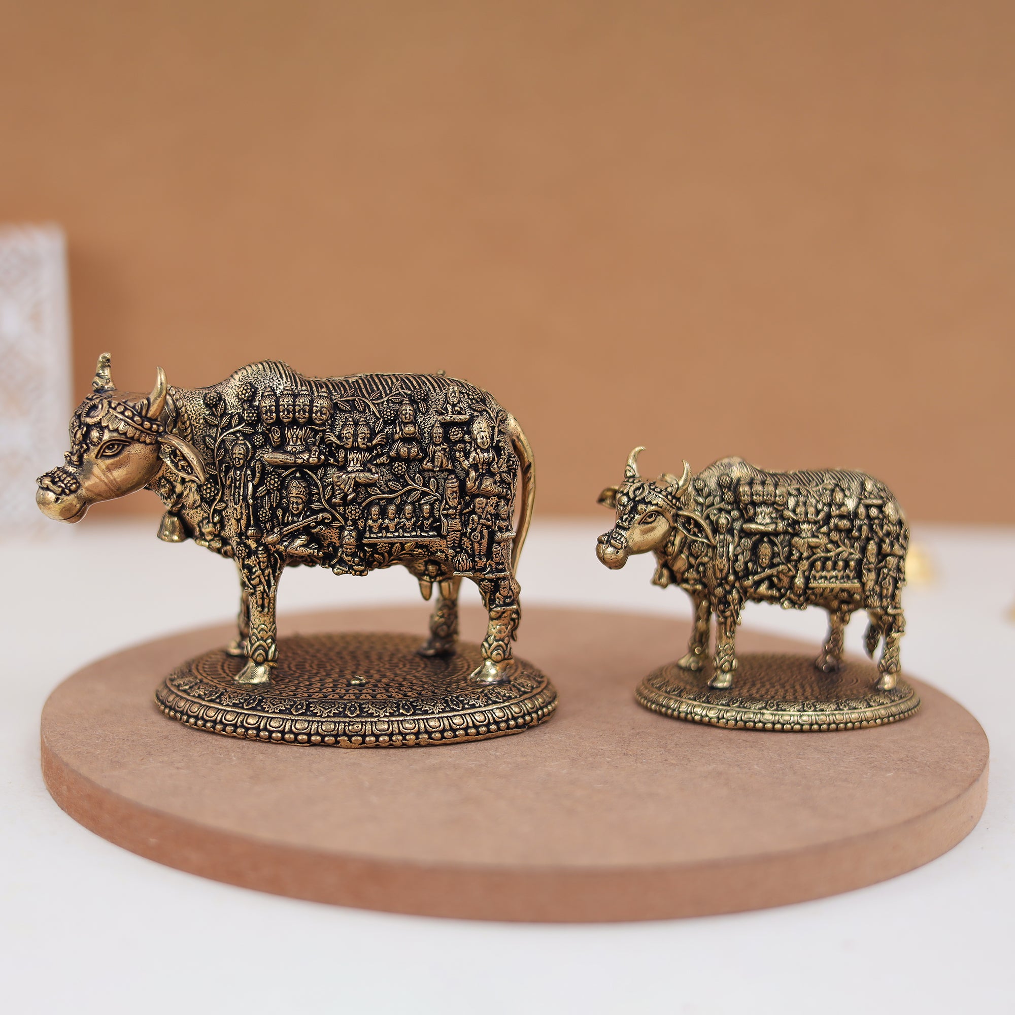 Divine Pure Brass Kamdhenu Cow with Deities/the celestial cow In 3.5 & 3 Inches, embody all gods and goddesses within her form