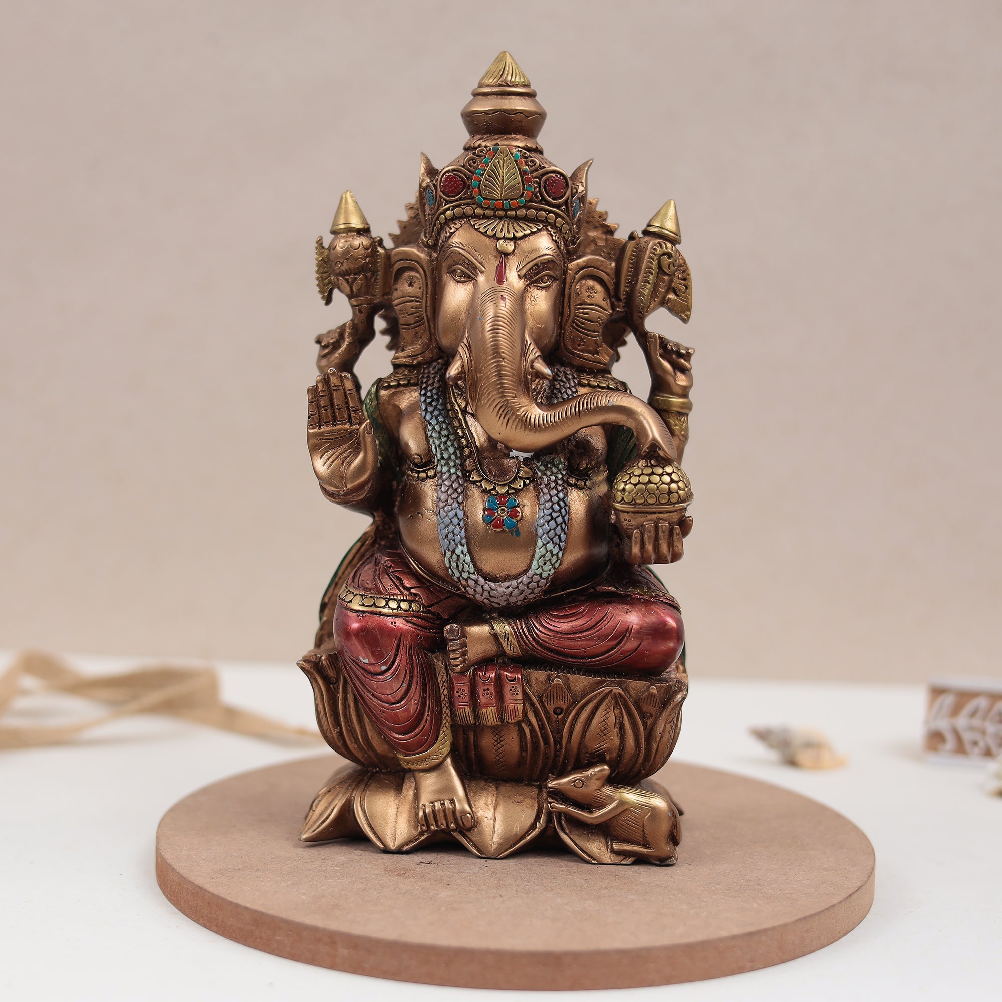 Copper Finish Lotus Ganesh Murti (9 Inch)