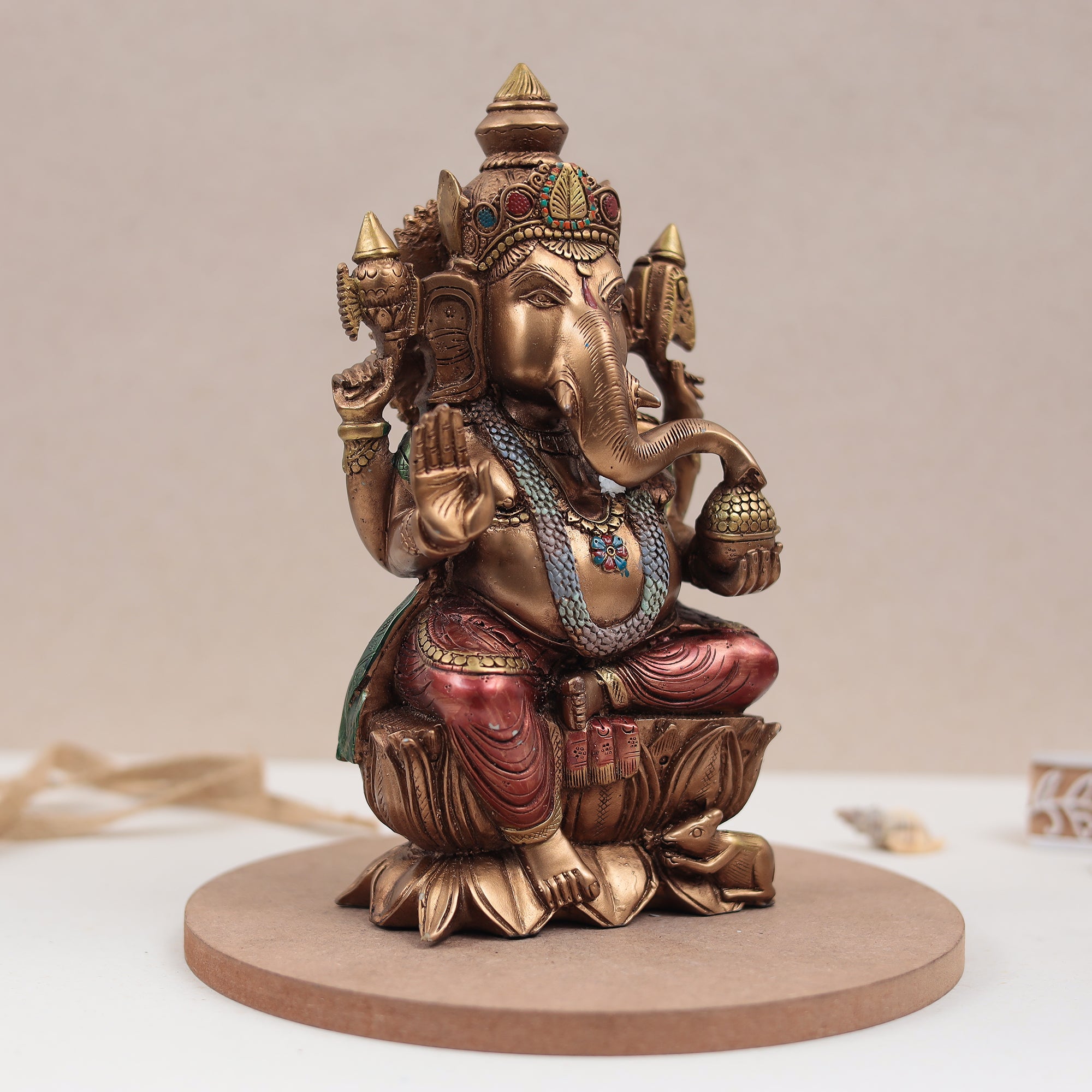 Copper Finish Lotus Ganesh Murti (9 Inch)