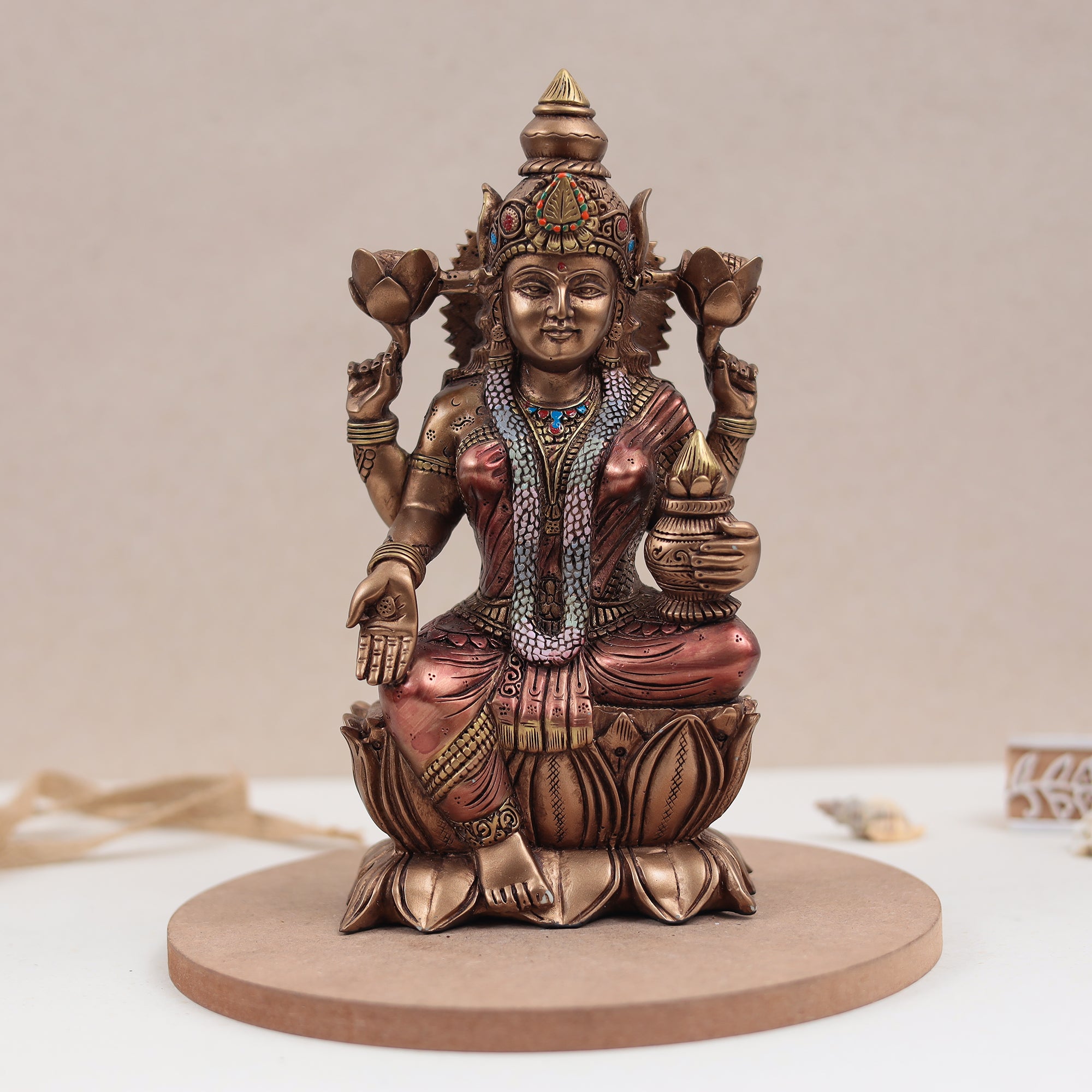 Copper Finish Lotus Lakshmi Murti For Diwali Puja/Gift/Temple/Home Decor (9 Inch)
