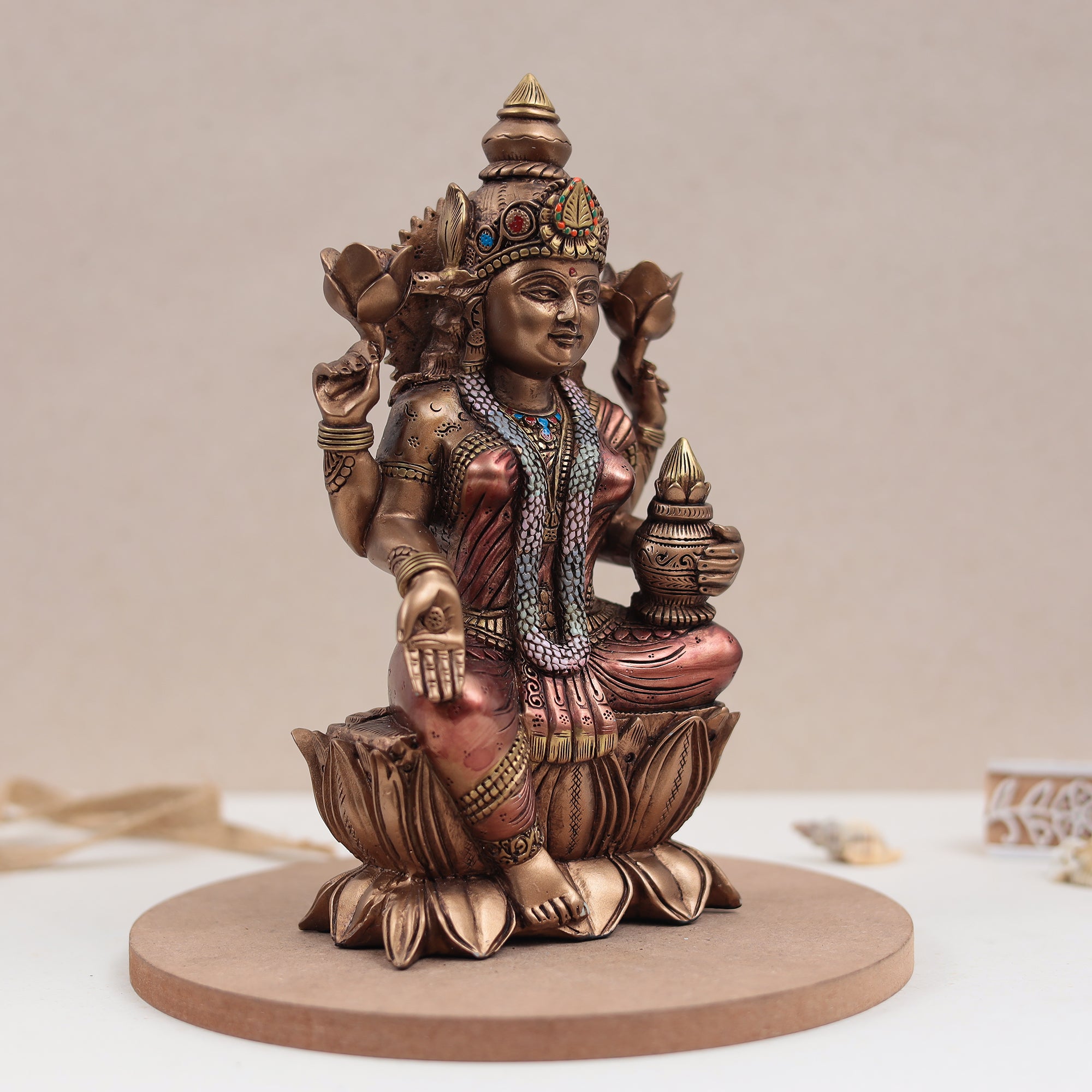 Copper Finish Lotus Lakshmi Murti For Diwali Puja/Gift/Temple/Home Decor (9 Inch)