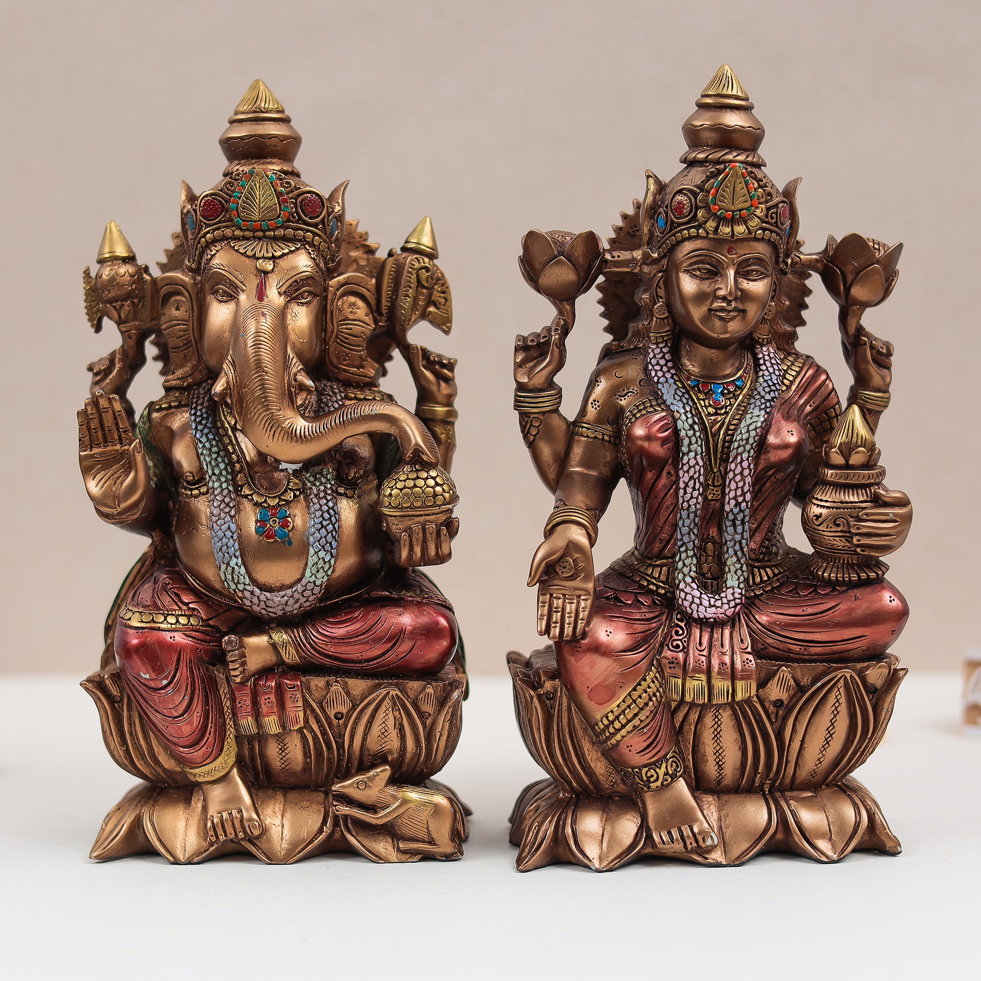 Copper Finish Lakshmi–Ganesh Lotus Idol Set – 9 Inch (Pair) Perfect for Diwali/Gift/Home Decor