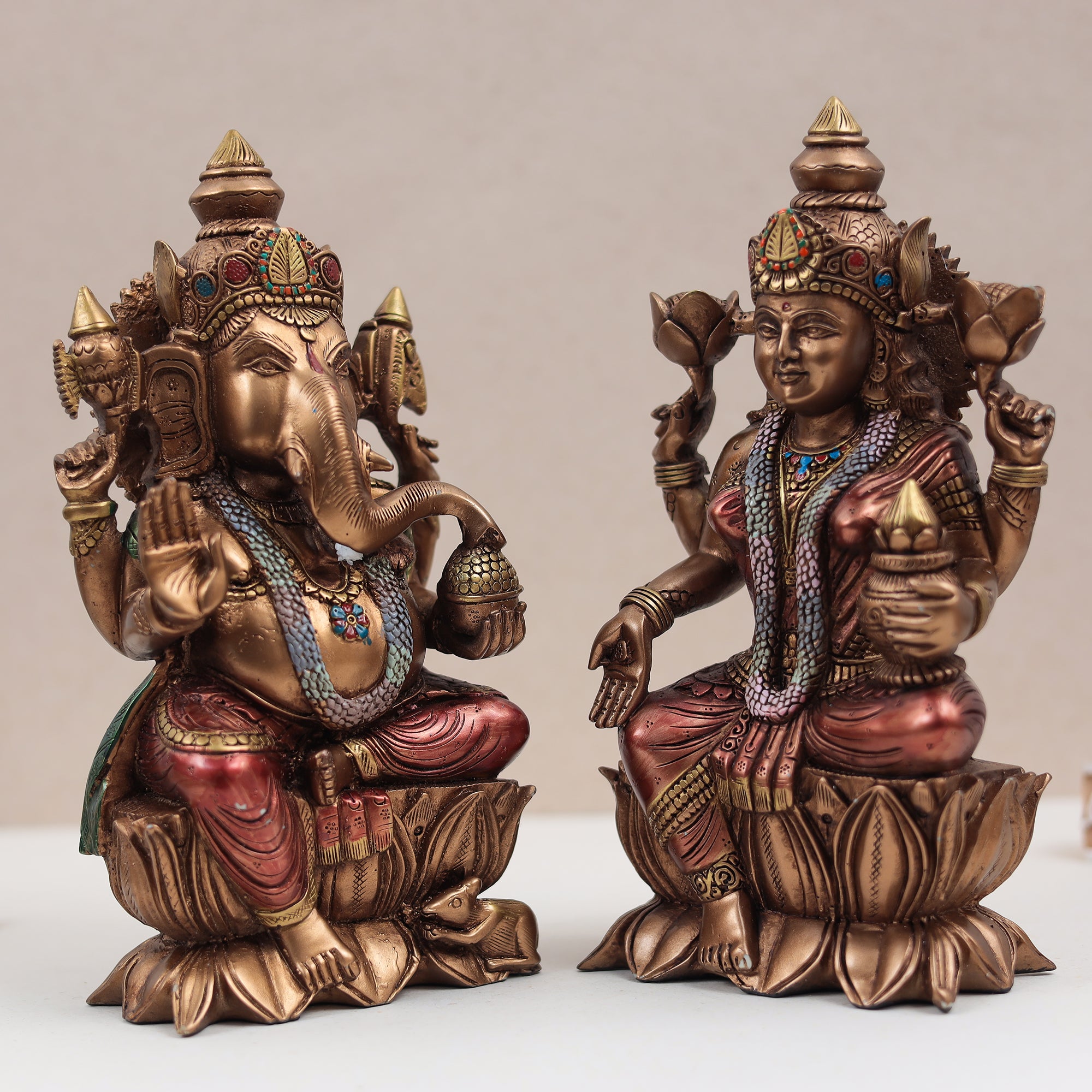 Copper Finish Lakshmi–Ganesh Lotus Idol Set – 9 Inch (Pair) Perfect for Diwali/Gift/Home Decor
