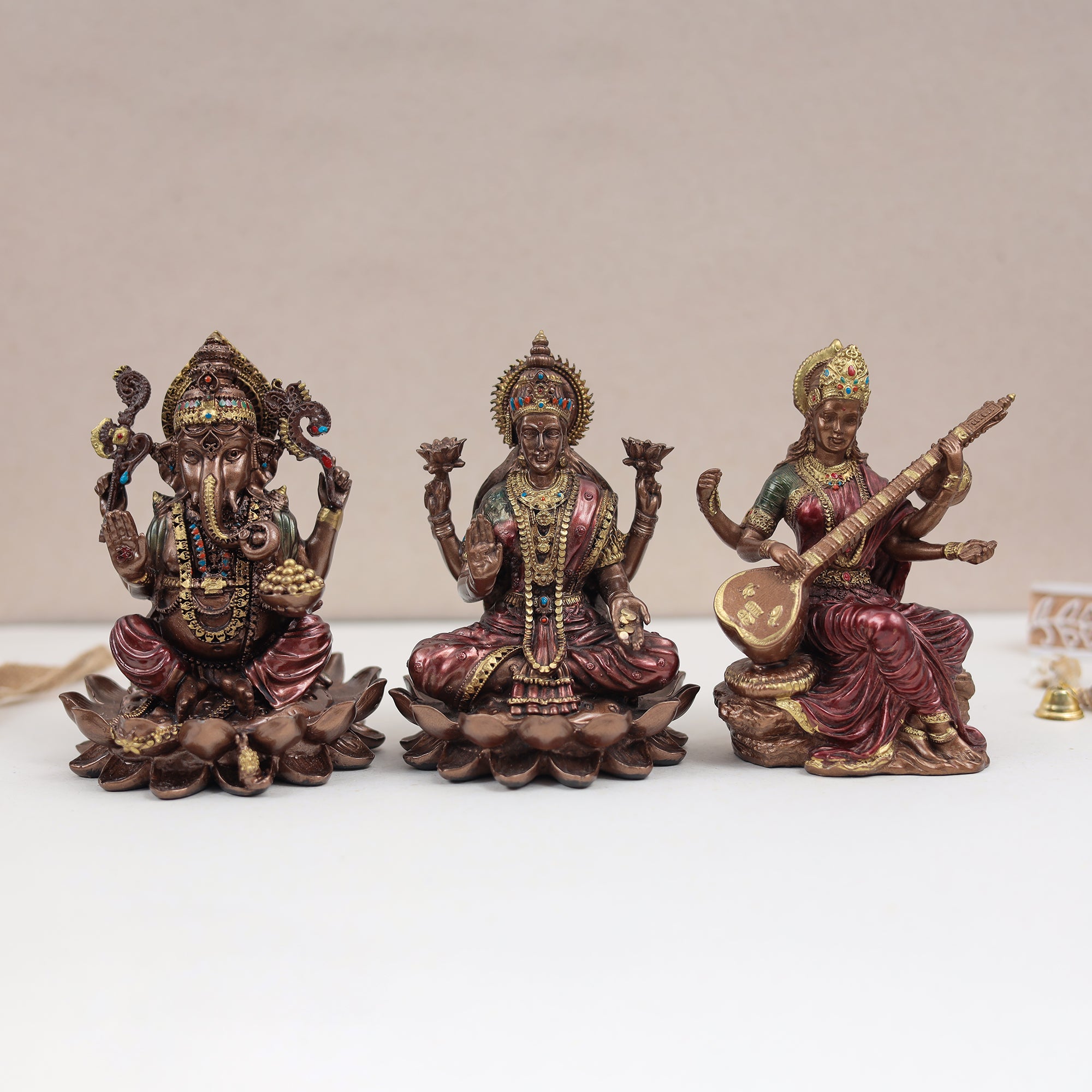 Copper Finish Marble Dust Lakshmi Ganesh Saraswati Trio In 6 & 4 Inch