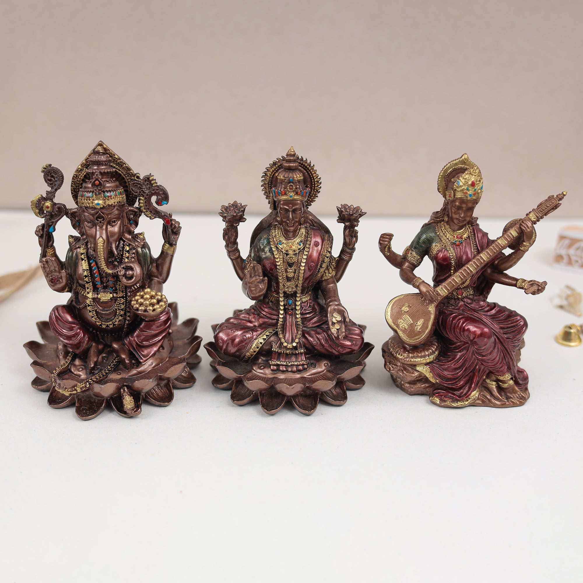 Copper Finish Marble Dust Lakshmi Ganesh Saraswati Trio In 6 & 4 Inch