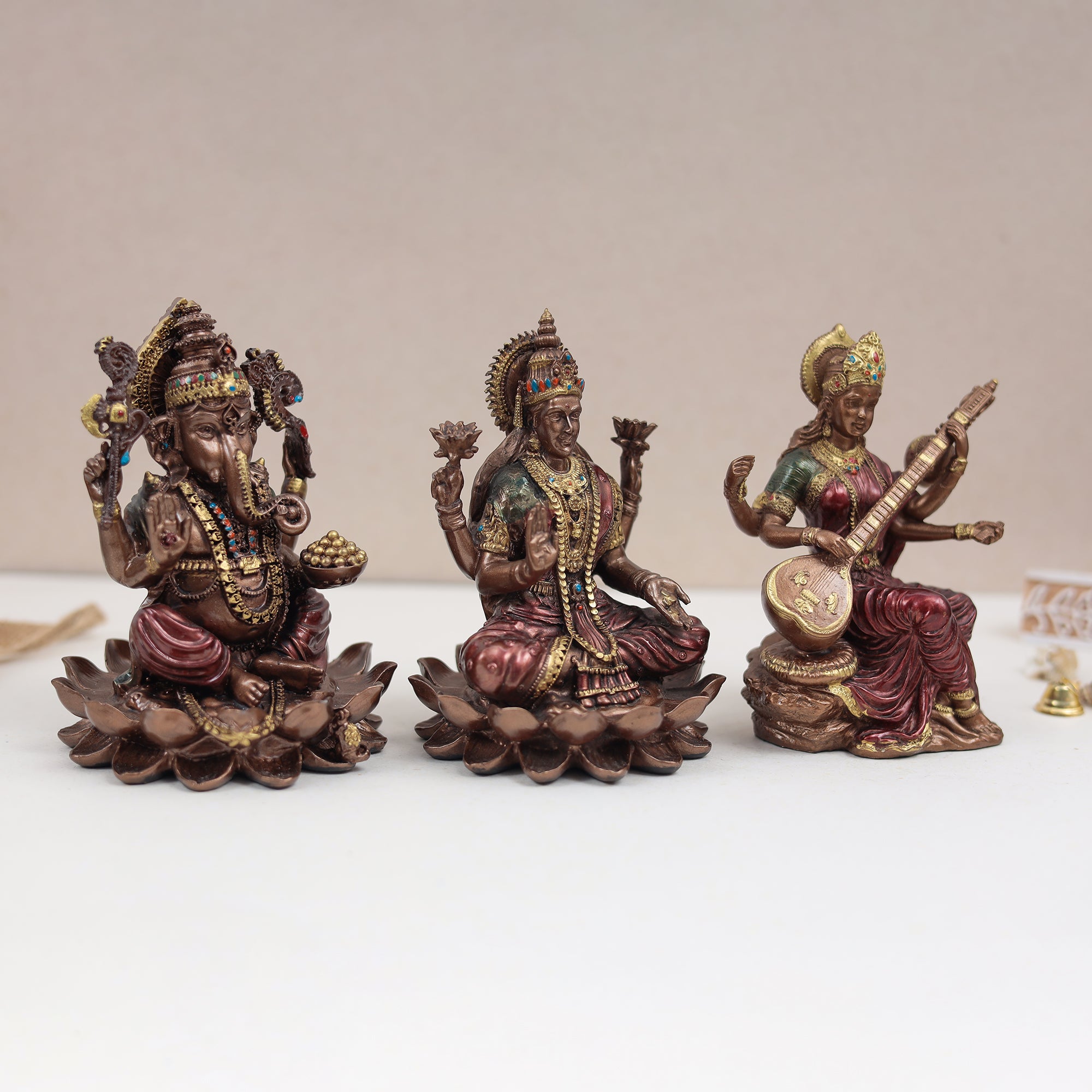 Copper Finish Marble Dust Lakshmi Ganesh Saraswati Trio In 6 & 4 Inch