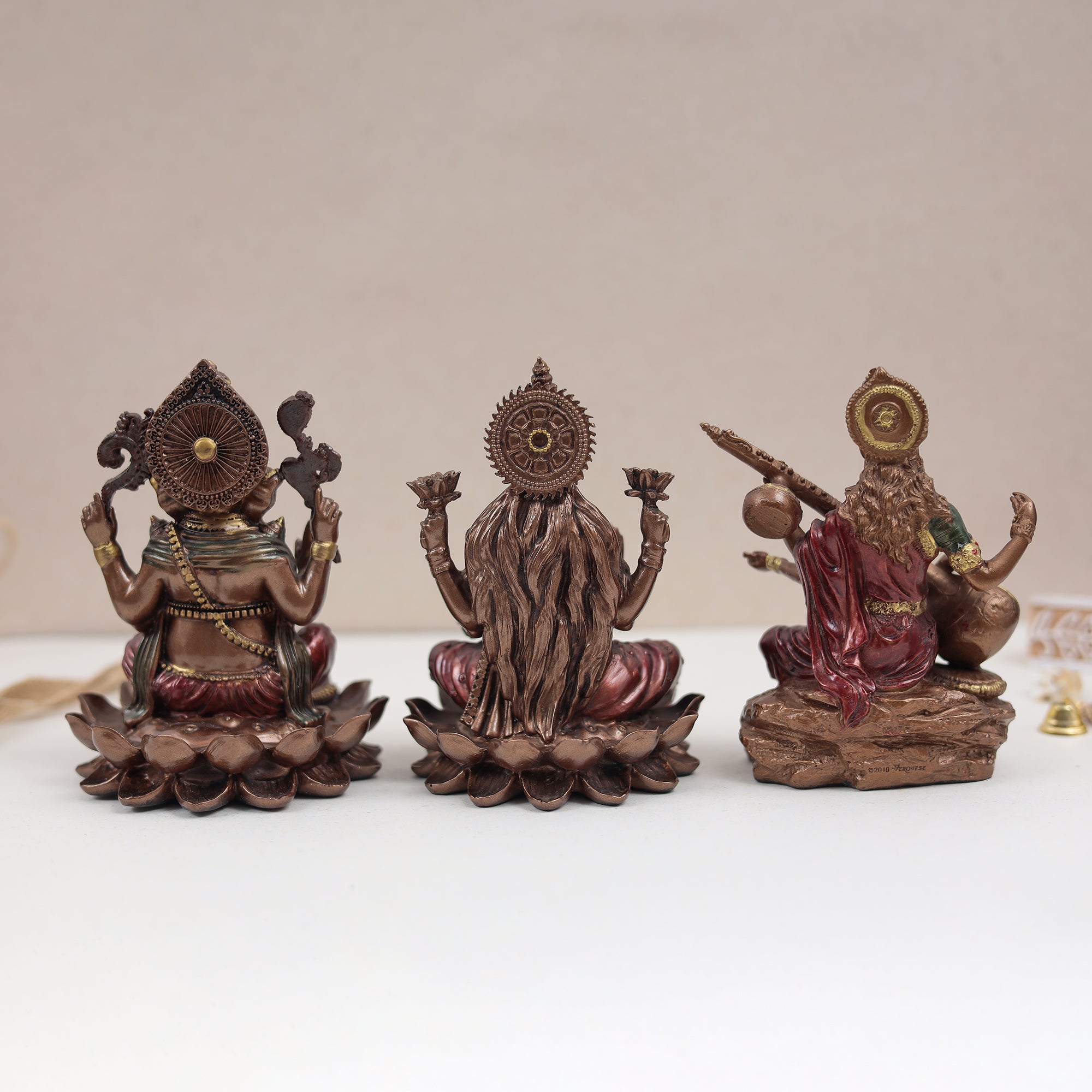 Copper Finish Marble Dust Lakshmi Ganesh Saraswati Trio In 6 & 4 Inch