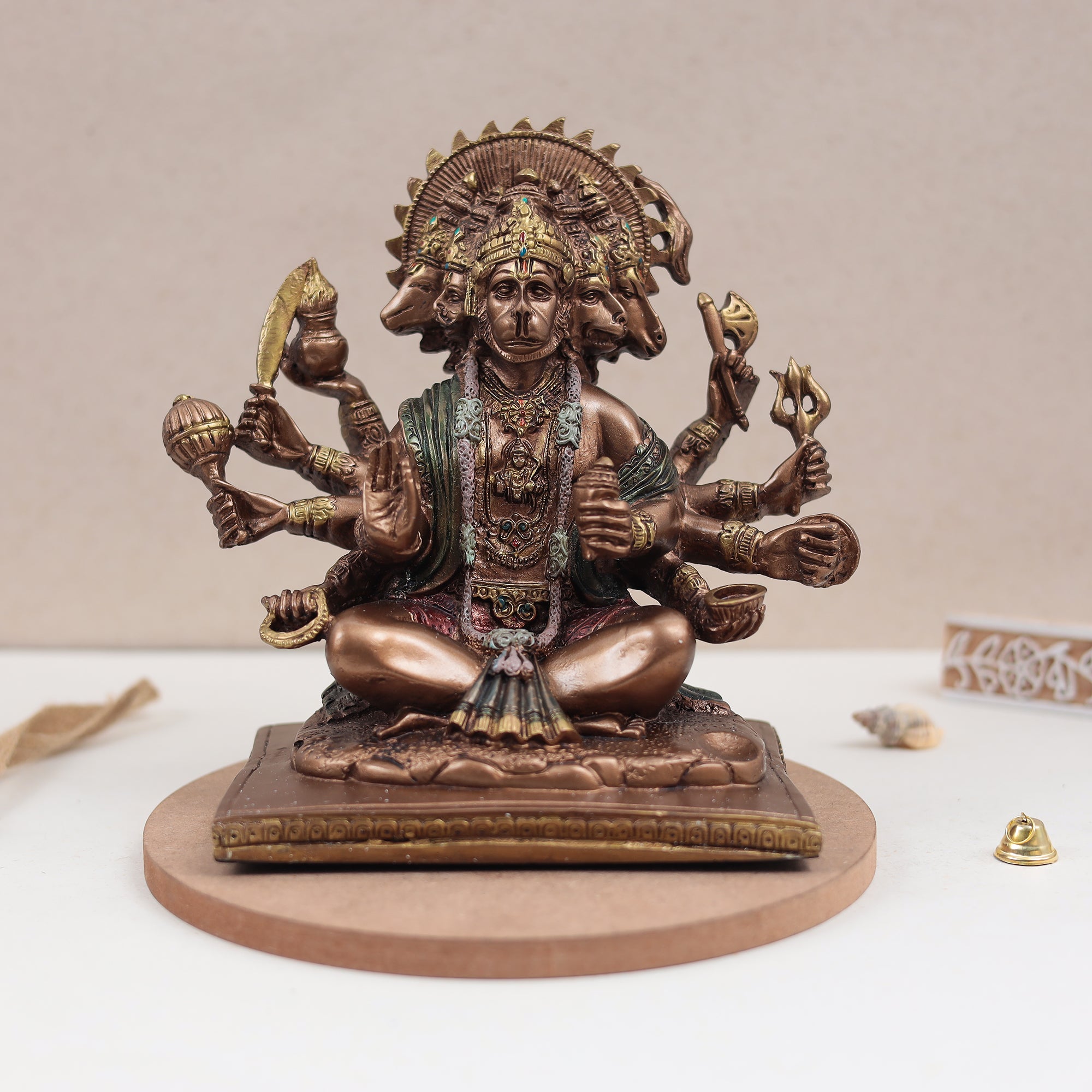 Seated Panchmukhi Hanuman Blessing Statue in Copper Finish | 8 Inches