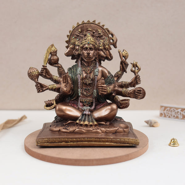 Seated Panchmukhi Hanuman Blessing Statue in Copper Finish | 8 Inches