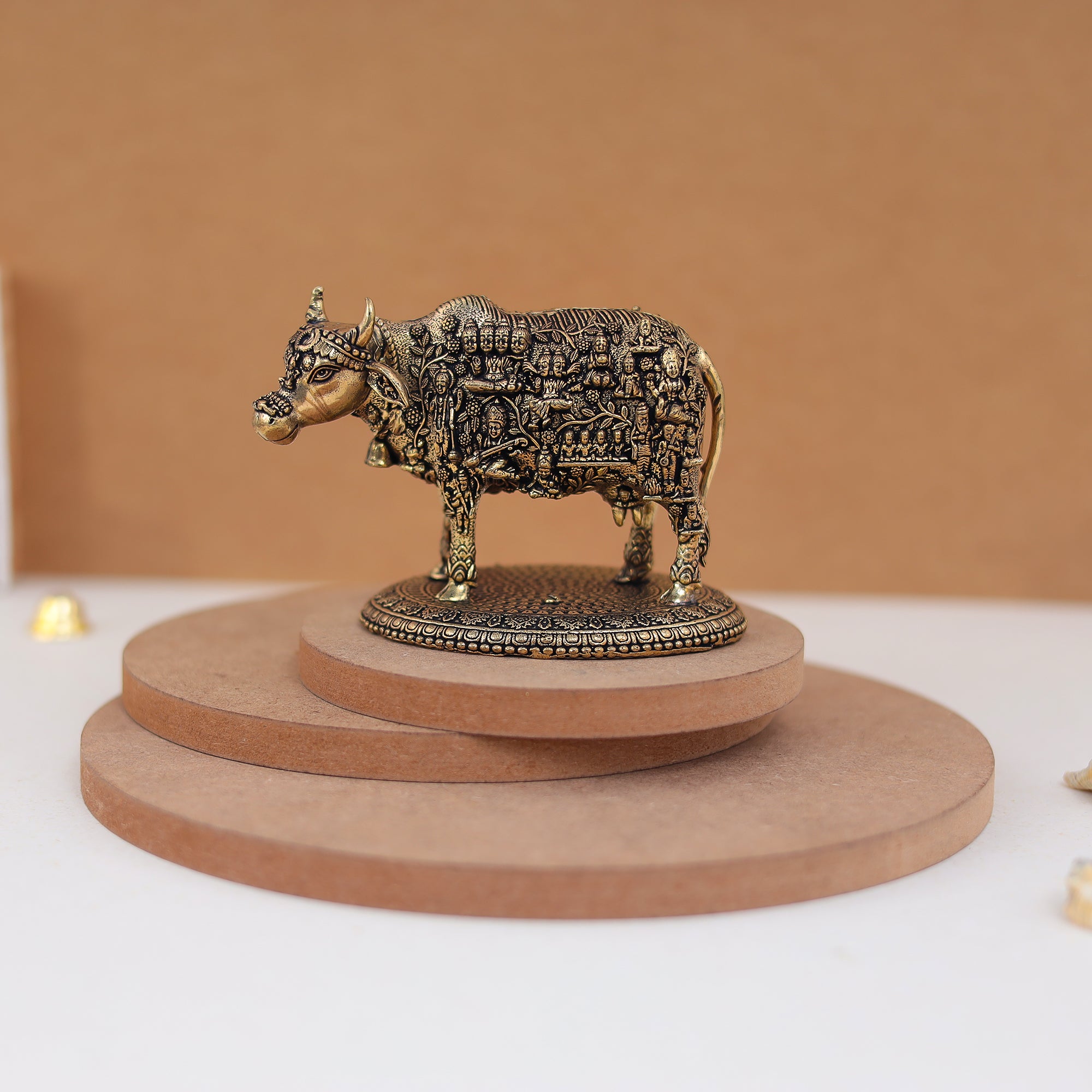Divine Pure Brass Kamdhenu Cow with Deities/the celestial cow In 3.5 & 3 Inches, embody all gods and goddesses within her form