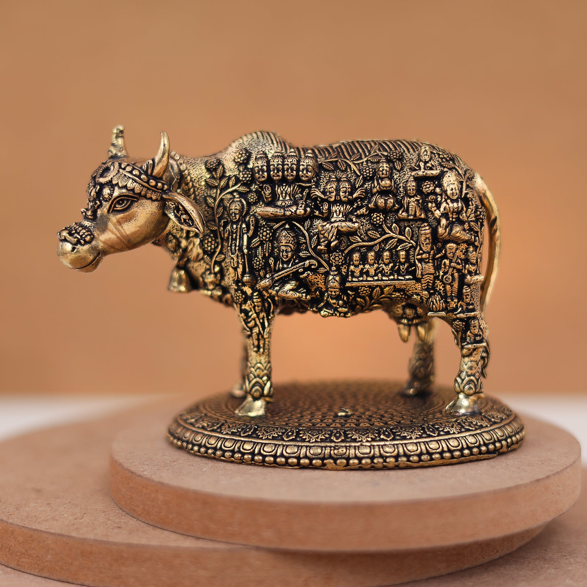 Divine Pure Brass Kamdhenu Cow with Deities/the celestial cow In 3.5 & 3 Inches, embody all gods and goddesses within her form