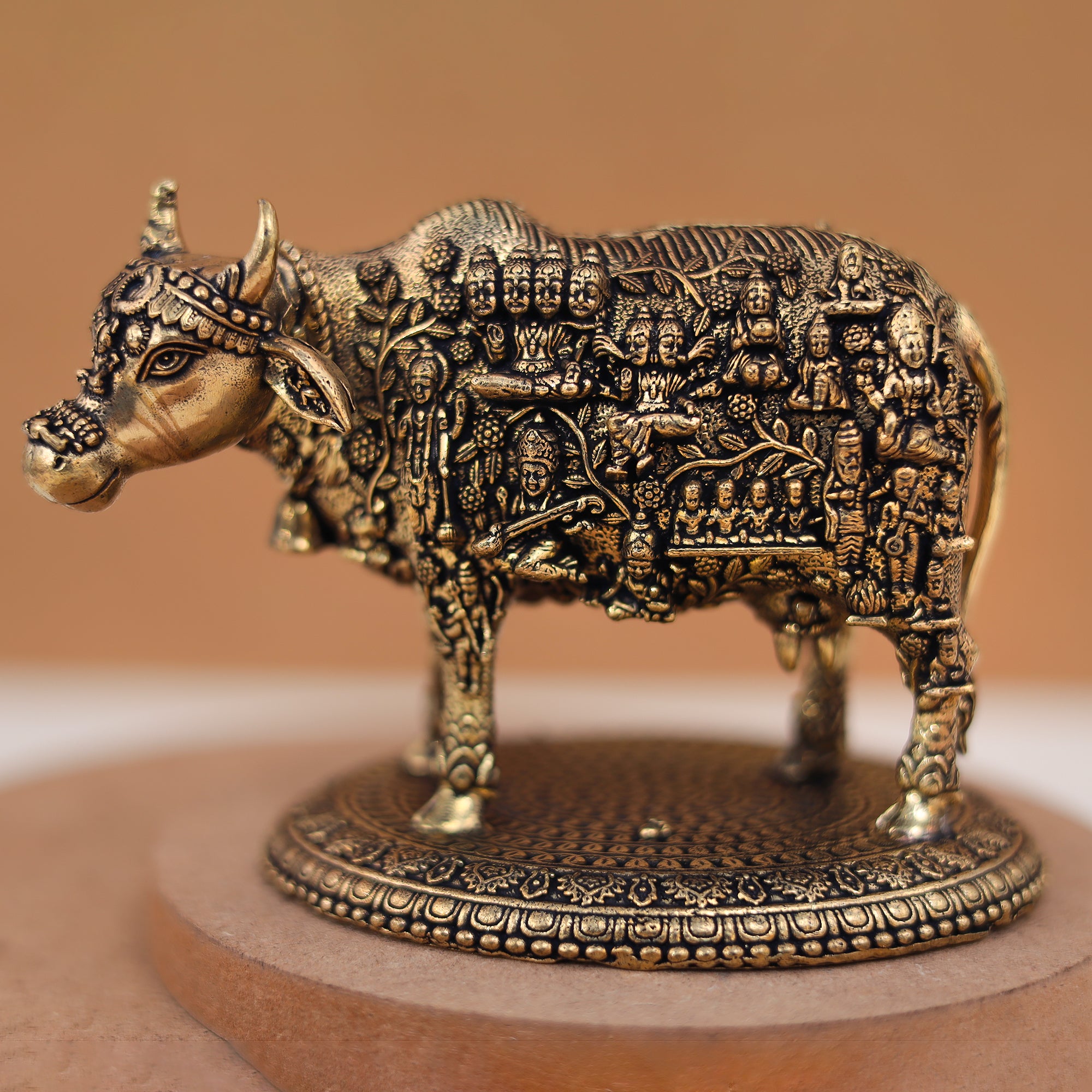 Divine Pure Brass Kamdhenu Cow with Deities/the celestial cow In 3.5 & 3 Inches, embody all gods and goddesses within her form